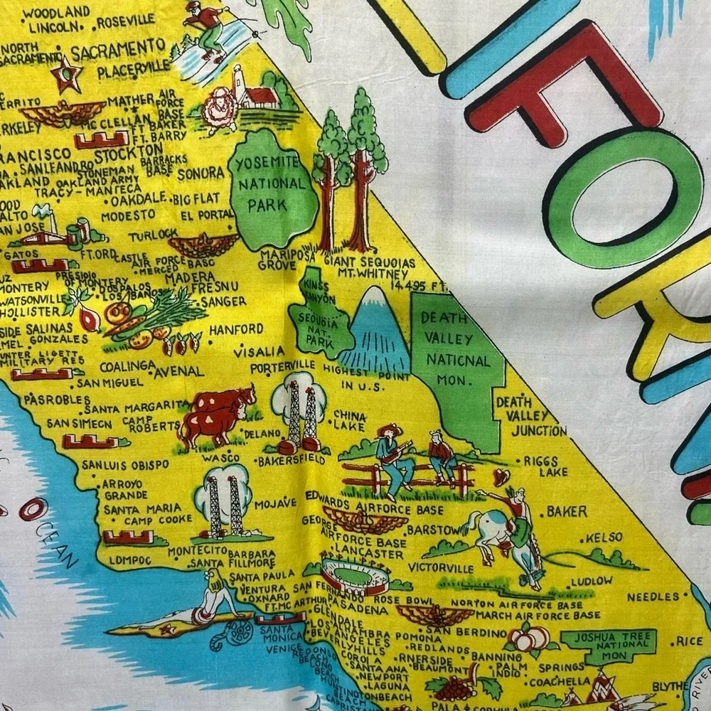 Vintage 1940s California Souvenir Map SILK Scarf Turquoise Yellow Red Oversized